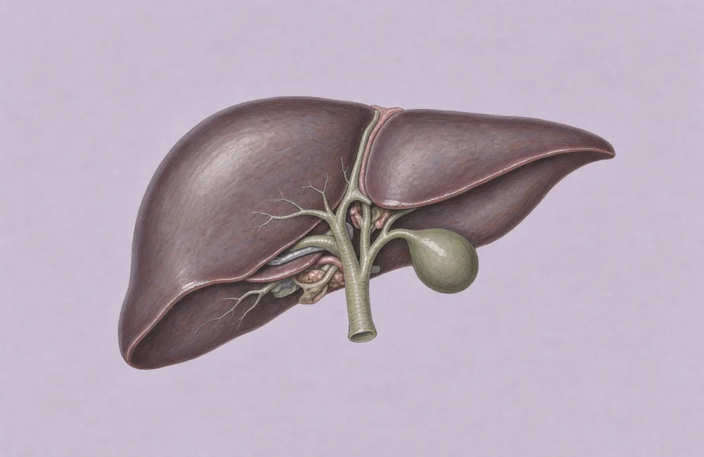 A painted liver with the gallbladder and branching bile ducts shown beneath it