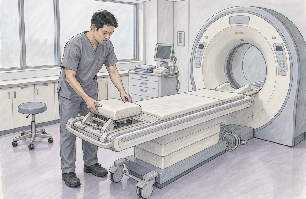 A technician preparing an empty MRI scanner beside its examination table