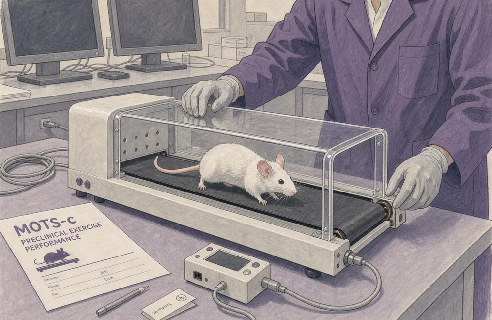 A mouse on a small enclosed laboratory treadmill while a technician adjusts its housing