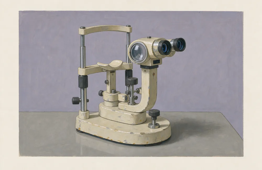 An empty retinal examination instrument with a round viewing lens and chin rest